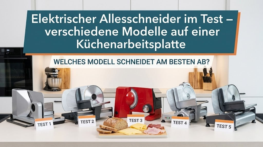 Elektrischer Allesschneider im Test – verschiedene Modelle auf einer Küchenarbeitsplatte