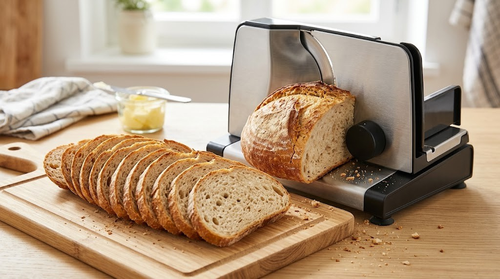 Frisch geschnittenes Brot mit einem modernen Allesschneider