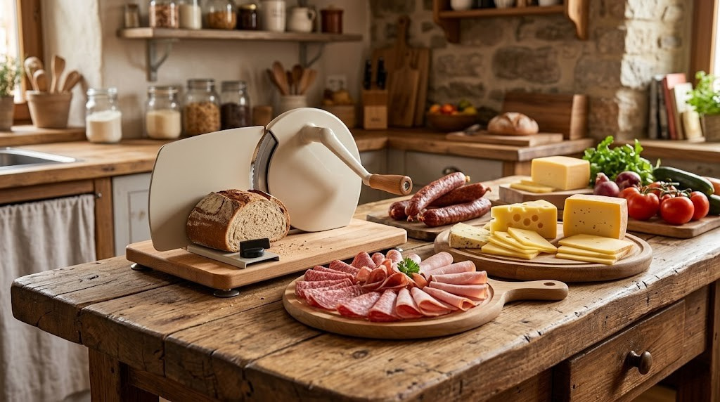 Manueller Allesschneider auf rustikaler Holzarbeitsplatte mit Aufschnitt und Käse
