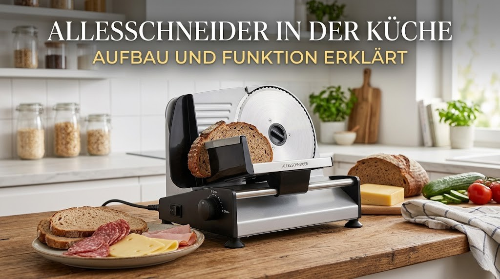 Nahaufnahme Allesschneider Kreismesser und Aufschnittschlitten